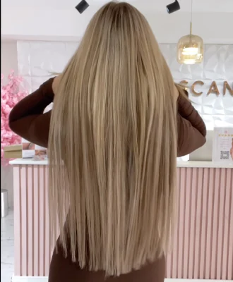 Langes blondes Haar von hinten